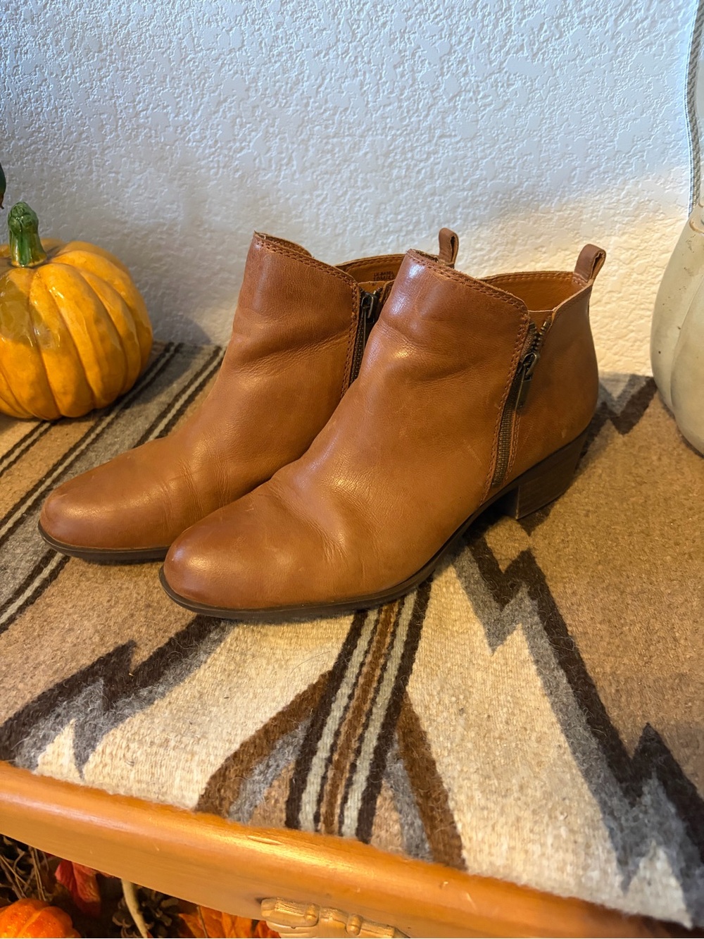 Lucky Brand Cognac Leather Ankle Booties with Side Zip